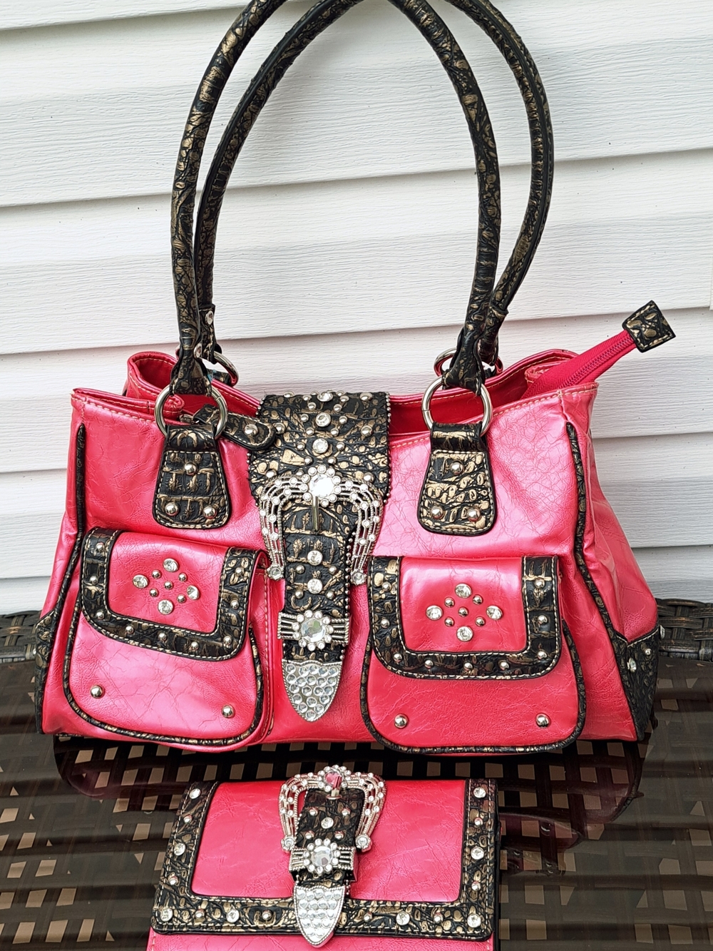 Women's Pink Embellished Shoulder Satchel with Matching Wallet